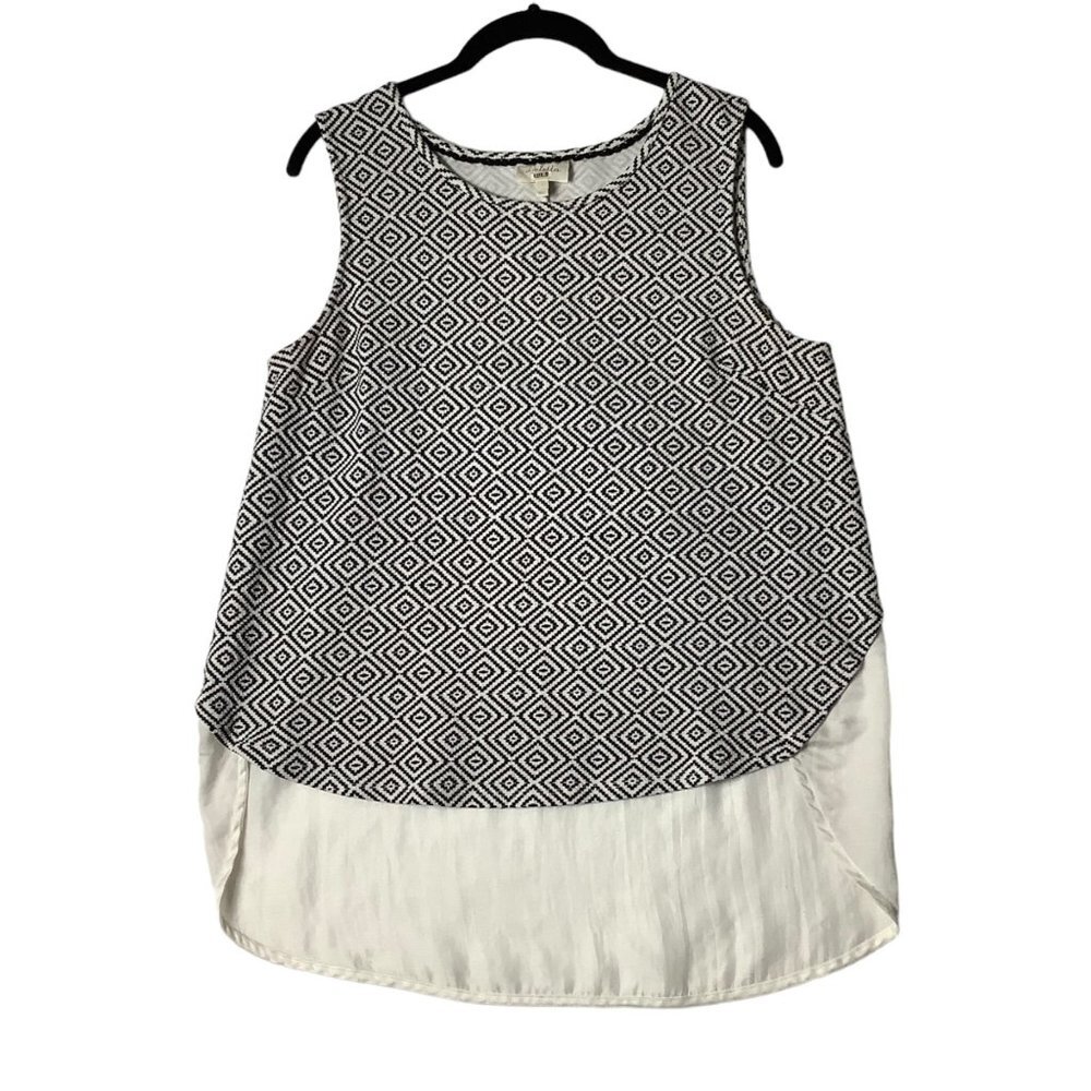 Anthro Deletta Blouse Women Large High Low‎ Sleeveless Geometric Pattern Sheer